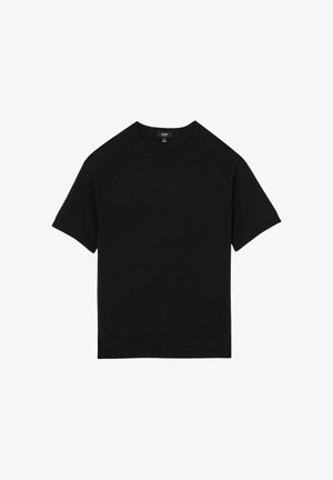 Sort kortærmet T-shirt med rund hals og lige kant, vist fladt på en hvid baggrund.