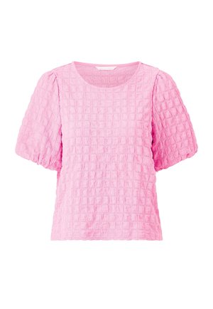 Pink textured short-sleeve blouse with puffed sleeves and a round neckline, featuring a grid-like woven pattern.