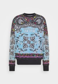 Flerfärgad sweatshirt från Versace Jeans Couture med en blå bakgrund, intrikata blommotiv och paisleymönster, samt svarta ribbade muddar.