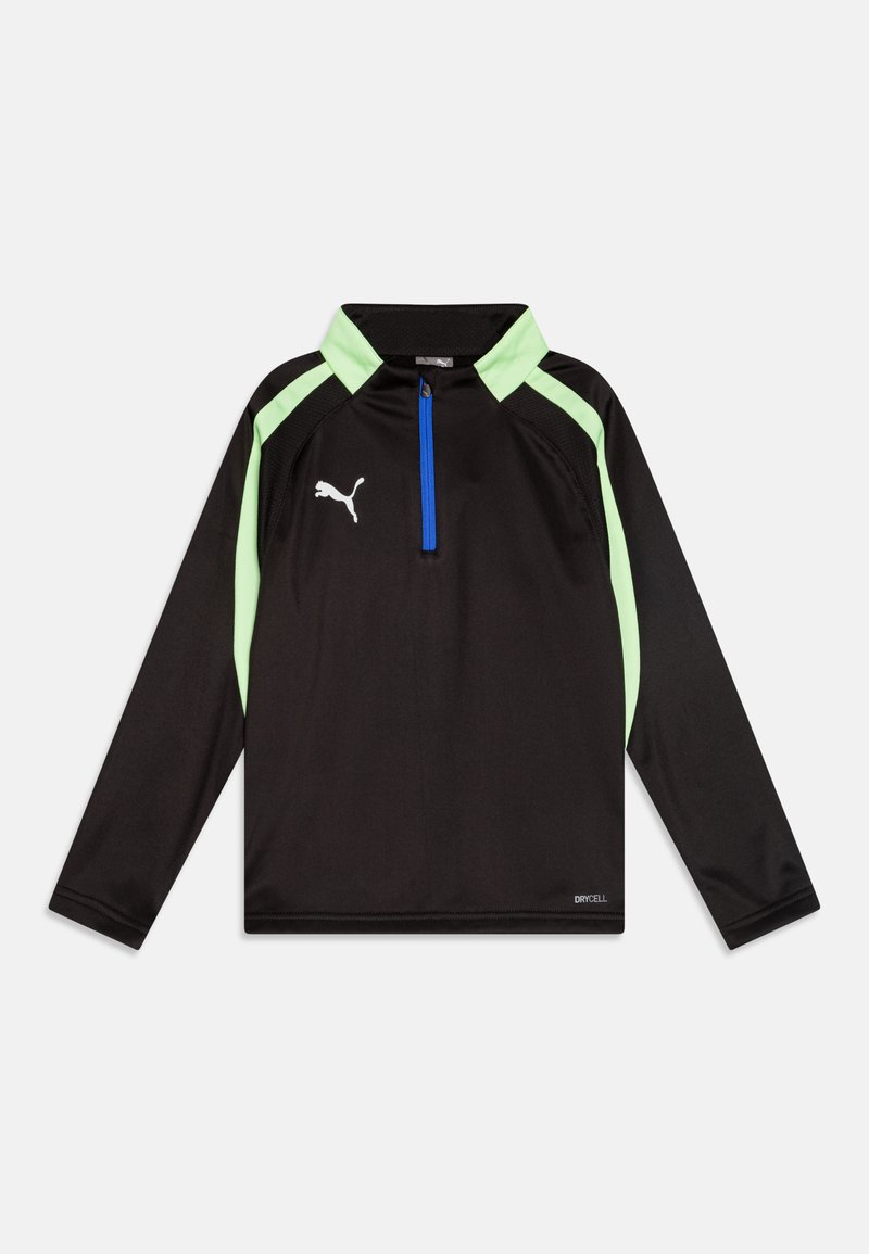 Juodas ilgomis rankovėmis sportinis marškinėliai su žaliais akcentais ir mėlynu užtrauktuku. Turi iškilų apykaklę ir baltą Puma logotipą krūtinėje.