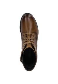 Braune Leder-Ankle-Boots mit runder Spitze, schnürbarem Vorderteil und seitlichem Reißverschluss. Glatte Oberfläche mit strukturiertem Sohlenboden. Markenname innen sichtbar.