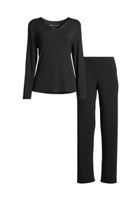 Schwarzes Langarmoberteil mit V-Ausschnitt und passenden schwarzen Hosen. Der Stoff ist glatt, mit einer lässigen Passform und ohne sichtbare Muster oder Beschläge.