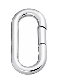 Mosquetón de metal plateado, en forma ovalada, con superficie lisa y acabado brillante, que cuenta con una bisagra central para abrir y cerrar.