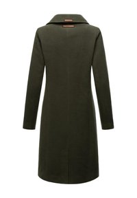Olive green wool coat, long with a wide collar, straight cut, and back vent. Textured fabric with a clean, minimalist design.