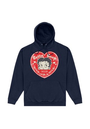 Granatowa bluza z kapturem z grafiką Betty Boop w czerwonym sercu z napisem "Betty Boop Fan Club" oraz "Boop-Oop-A-Doop." Kieszeń z przodu.