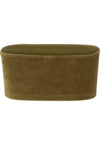 Khaki fluwelen haarband met een zachte textuur, ovale vorm en elastische bovenrand voor comfort. Gladde afwerking zonder patronen of versieringen.