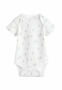 Hvid kortærmet body med et gentaget mønster af små, tegneserieagtige bjørne i pink og blå. Har trykknapper i bunden.