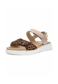 Kryté a leopardí vzorované sandály s měkkou stélkou, nastavitelnými pásky a bílou gumovou podrážkou pro pohodlí a podporu.