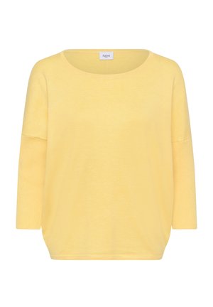Žuti lagani pulover s okruglim izrezom, tročetvrtinskim rukavima i opuštenim krojem. Meka tekstura s rebrastim detaljima.