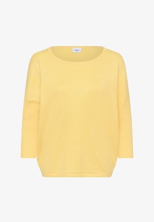 Kollane, kerge pullover-sviiter ümarate kaelusega, kolmveerandvarrukatega ja lõdva lõikega. Pehme tekstuur koos ribidega detailidega.