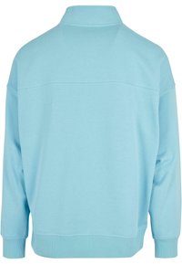 Ljusblå sweatshirt med hög krage, avslappnad passform och långa ärmar. Har en slät textur och ribbade ärmslut. Enkelt design, inga mönster.