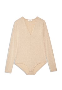 Bodysuit s dugim rukavima u svijetlosmešavoj nijansi, sa dubokim V-izrezom, mekim materijalom i dugmetom na dnu radi lakšeg oblačenja.