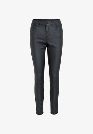 Melnas, stiepjamas džinsus ar augsto jostasvietu, priekšējiem kabatām un rāvējslēdzēja aizdari. Gluda tekstūra ar minimālām šuvju detaļām.