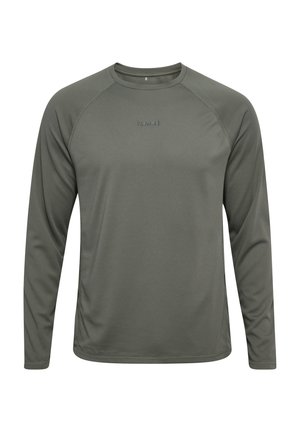 T-shirt manches longues vert olive texturé avec un logo discret centré sur la poitrine.
