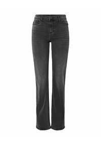 Black denim jeans with a straight leg design, high-waisted fit, five pockets, and a textured finish, featuring visible stitching details.
