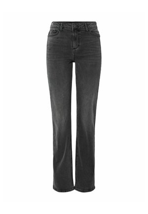 Jeans in denim nero con design a gamba dritta, vita alta, cinque tasche e finitura testurizzata, caratterizzati da dettagli di cucitura visibili.