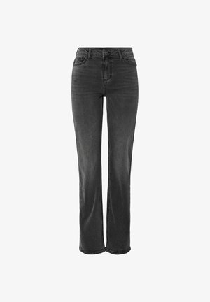 Sorte denim jeans med rett bendesign, høy midje, fem lommer og teksturert finish, med synlige sømdetaljer.