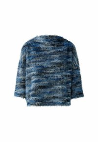 Texturiertes, verkürztes Sweater in Blautönen mit einem flauschigen Aussehen, kurzen Ärmeln und einem runden Ausschnitt, der einen geschichteten Look verleiht.