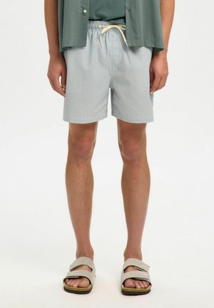 Osoba ubrana w jasnoniebieskie i białe paskowane szorty ze sznurkiem, zieloną koszulkę oraz beżowe sandały z podwójnym paskiem, stojąca na jednolitym tle.