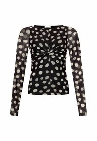 Maglia nera a maniche lunghe con motivo a pois bianchi, con un twist sul davanti e maniche trasparenti per un effetto testurizzato.