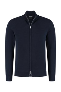 Marine blauwe zip-up trui met een staande kraag, lange mouwen, ribgebreide manchetten en zoom. Gemaakt van een zachte, gemêleerde stof. Zilveren ritsdetails.