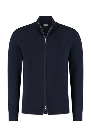 Marine blauwe zip-up trui met een staande kraag, lange mouwen, ribgebreide manchetten en zoom. Gemaakt van een zachte, gemêleerde stof. Zilveren ritsdetails.