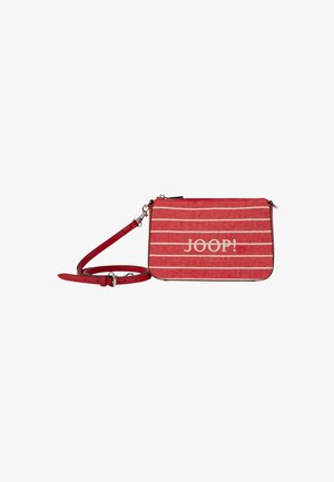 Czerwona i biała torba na ramię w paski z odczepianym czerwonym paskiem ze skóry i nadrukowanym logo "JOOP!" z przodu.
