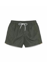 Pantaloni da bagno verde scuro con vita elasticizzata, cordino bianco e tasche laterali. Realizzati in tessuto liscio e leggero.