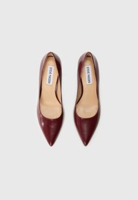 Bordo odinės aštriadančios aukštakulnės su béžiniais vidpadžiais, pažymėtais "Steve Madden", ant balto fono.