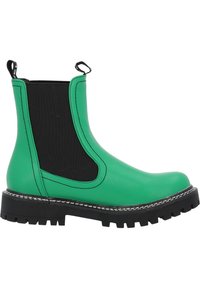 Botín de tobillo de imitación de cuero verde con paneles laterales de elastano negros, suela de goma texturizada y costuras en contraste. Presenta pestañas en la parte posterior para facilitar su calzado.