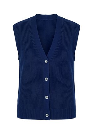 Navy blue sleeveless knitted vest with ribbed texture, V-neck, and four silver metallic buttons down the front.