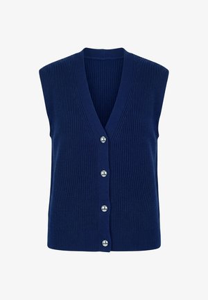 Tmavě modrá pletená vesta bez rukávů s žebrovanou texturou, výstřihem do V a čtyřmi stříbrnými kovovými knoflíky vpředu.
