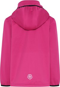 Giacca rosa brillante con cappuccio, texture liscia, polsini elastici e un accento nero nel colletto. Presenta un logo bianco all'orlo.