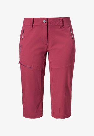Himbeerfarbene Wanderhorts mit glatter Textur. Verfügt über Reißverschlusstaschen, einen Frontknopfverschluss und einen knielangen Schnitt.