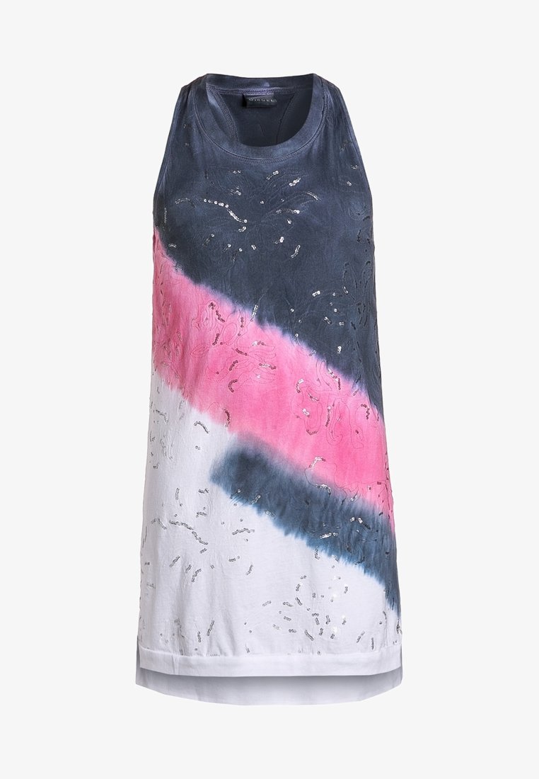 Robe sans manches avec col rond, présentant des sections diagonales bleu marine, rose et blanche, décorée de subtils paillettes florales et motifs.