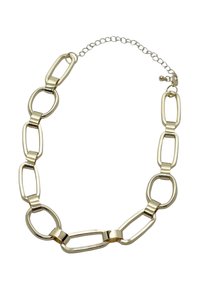 Collar de cadena en tono dorado que presenta enlaces ovalados y rectangulares alternos, con superficies pulidas y cierre de langosta.