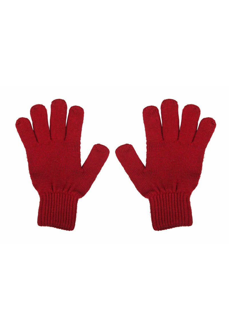 Guantes de lana rojos con diseño de cinco dedos y puños acanalados. Están hechos de un hilo suave con una textura lisa. Los guantes son simétricos y están emparejados.