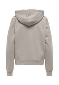 Hellbeige gekürzter Hoodie mit Kapuze, langen Ärmeln, gerippten Bündchen und glatter Textur. Keine sichtbaren Muster oder Metallakzente.