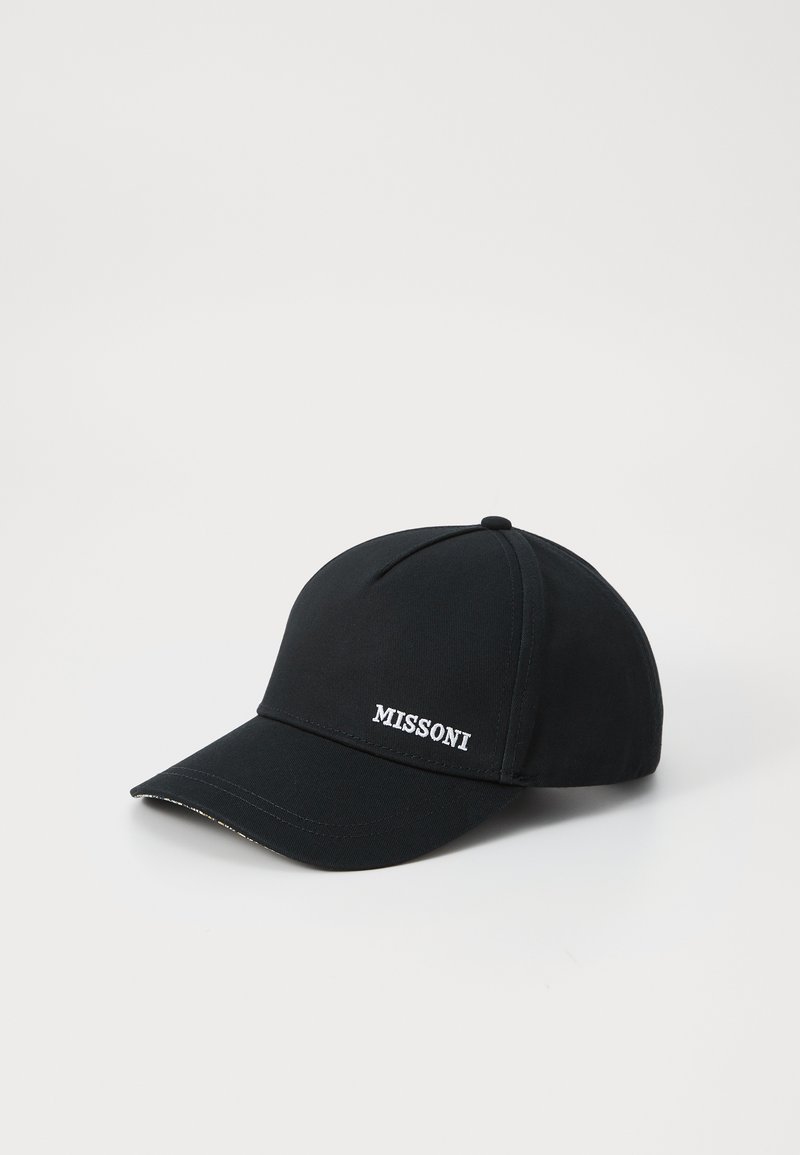 Black baseball cap made of fabric with a curved brim and embroidered "MISSONI" logo on the front. Features a structured design.