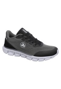 Black and grey athletic shoe with a mesh upper, cushioned sole, and textured accents. Features a logo on the side and a lace-up design.