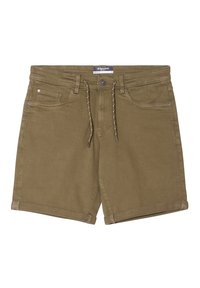 Pantaloni corti verde oliva in cotone, con vita regolabile tramite un cordoncino, tasche frontali e orli arrotolati. Tessuto morbido senza motivi visibili.