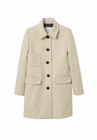Abrigo de lana beige con cuello, cinco botones negros en el frente y tres bolsillos de solapa.