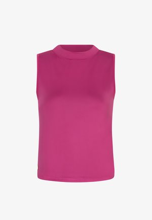 Ärmelloses, leuchtend pinkfarbenes Oberteil mit hohem Ausschnitt und leicht tailliertem Schnitt, dargestellt auf weißem Hintergrund.
