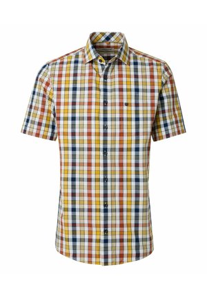 Kortærmet skjorte med knapper foran og et flerfarvet ternet mønster i gult, orange, marineblåt og hvidt, med en brystlomme foran.