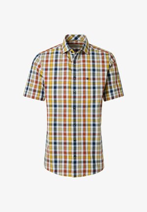 Kortærmet skjorte med knapper foran og et flerfarvet ternet mønster i gult, orange, marineblåt og hvidt, med en brystlomme foran.