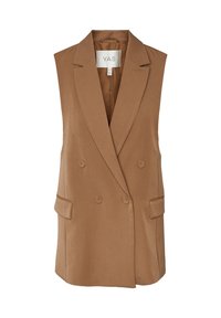 Hněd�ý bezrukávový blazer s dvojitým zapínáním, klopami, předními kapsami a hladkou texturou. Uvnitř je viditelná značka YAS.