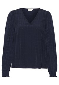 Navy blue blouse with a V-neck, textured fabric, long sleeves with gather detailing at the cuffs, and a relaxed fit. Smooth finish.