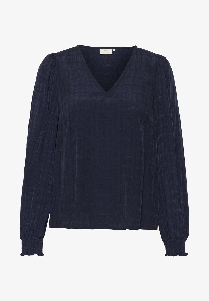 Dunkelblausa Bluse mit V-Ausschnitt, strukturiertem Stoff, langen Ärmeln mit Raffung am Ärmelbund und lockerer Passform. Glatte Verarbeitung.