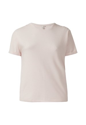 Kurzärmeliges, hellrosa T-Shirt mit dünnen, horizontalen weißen Streifen und rundem Halsausschnitt.