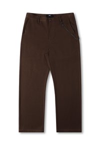 Pantalon marron à jambes droites fabriqué en tissu doux. Il comprend des poches avant et un accessoire chaîne sur le côté droit.
